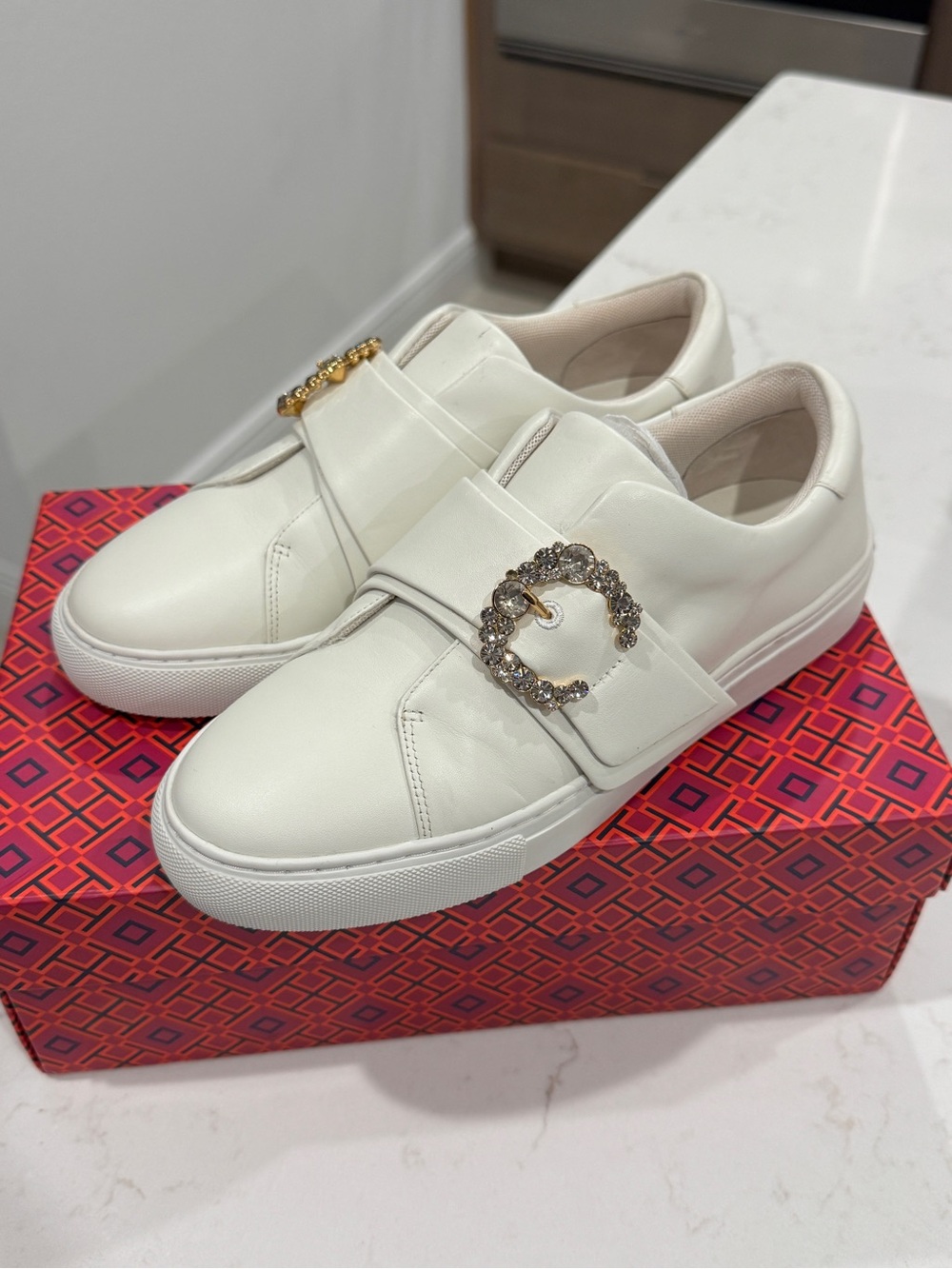 Tory Burch Greer Crystal-Buckle Leather Sneakers